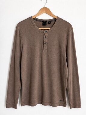 BOSS Hugo Boss Men’s Slim Fit Henley Long Sleeve Shirt Brown XL